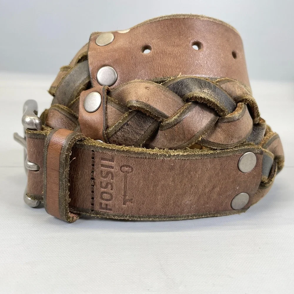 Fossil Brown Braided Woven Leather Belt Mens Size S Silver Buckle